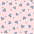 Romantic seamless pattern with scattered dots and hearts drawn by hand. Doodle, sketch. Cute repeated print. Royalty Free Stock Photo