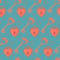 Romantic seamless pattern with skeleton key and heart shaped lock on blue background. Retro vector design texture for wedding, Royalty Free Stock Photo