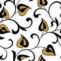 Romantic seamless pattern. Swirling twigs with golden leaves in the form of hearts isolated on white background.