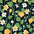 Romantic seamless pattern with tender blooming springtime flowers and leaves on black background. Elegant hand drawn