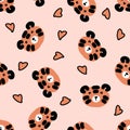 Romantic seamless pattern with tiger faces and hearts. Perfect for T-shirt, textile and print. Hand drawn vector illustration Royalty Free Stock Photo