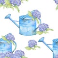 Romantic. Seamless pattern with vintage watering can and Hydrangea