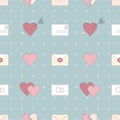 Romantic seamless vector background with hearts and postal envelopes