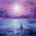 Romantic Seascape: Sailing Boat In Purple Sky With Full Moon Royalty Free Stock Photo