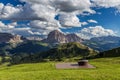 Romantic seats to see breathtaking view of Dolomites landscape at Seceda peak, Italy