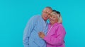 Romantic senior couple grandfather grandmother hugging, embracing, looking at camera and smiling Royalty Free Stock Photo