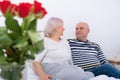 Romantic senior couple hugging sitting on bed. bouquet of roses Royalty Free Stock Photo