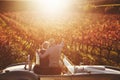 Romantic, senior couple and vintage car by countryside for wine tasting, sharing drink or memories together on vineyard Royalty Free Stock Photo