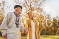 Romantic senior couple walking in beautiful autumn city park, holding hands Royalty Free Stock Photo