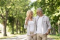 Romantic Senior Couple Walking Outdoors In Summer Park And Embracing Royalty Free Stock Photo