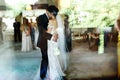 Romantic and sensual couple beautiful bride and groom dancing re Royalty Free Stock Photo