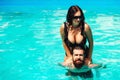 Romantic sensual couple relaxing in swimming pool. Bearded guy having fun with hot girlfriend. Summer vacation. Happy lovers Royalty Free Stock Photo