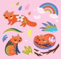 Romantic set of cute foxes with floral elements. Vector illustration Royalty Free Stock Photo