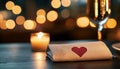 A romantic setting featuring a beautifully folded napkin with a heart symbol a glass of bubbly drink and a candle creating a