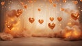 Romantic setting with golden heart shaped balloons floating among sheer curtains and warm fairy lights