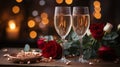 Romantic setting with two champagne glasses, sparkling wine and deep red roses. Soft candlelight and bokeh in the background