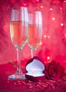 Romantic setup with champagne, rose and engagement ring Royalty Free Stock Photo