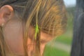 Romantic shot of a blonde girl with a grasshopper in her hair. Royalty Free Stock Photo