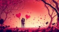 A romantic silhouette of a couple amidst heart-shaped balloons and a magical sunset