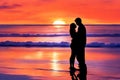 AI-generated silhouette of a couple embracing on a sunset beach Royalty Free Stock Photo