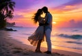 AI-generated silhouette of a couple embracing on a sunset beach Royalty Free Stock Photo