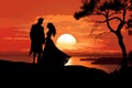 Romantic Silhouette of couple at the orange sea sunset sky. Generate ai