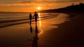 Romantic silhouette of a couple on the sand of a sunset beach with surf and sun Royalty Free Stock Photo