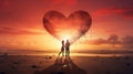 Romantic silhouette of a couple standing and kissing against the background of a summer sunset and the shape of a heart Royalty Free Stock Photo