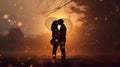 A romantic silhouette of a couple standing and kissing, summer sunset with a beautiful bokeh from raindrops. Royalty Free Stock Photo