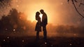 A romantic silhouette of a couple standing and kissing, summer sunset with a beautiful bokeh from raindrops. Royalty Free Stock Photo