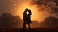 A romantic silhouette of a couple standing and kissing, summer sunset with a beautiful bokeh from raindrops. Royalty Free Stock Photo