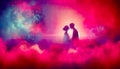 Romantic Silhouette Girl and Android Couple Kissing in Pink Haze Love in the Digital Age