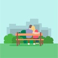 Romantic silhouette of loving couple sit on a bench in park Royalty Free Stock Photo