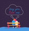 Romantic silhouette of loving couple sit on bench under night sky. Say you love me hand drawn typography lettering Royalty Free Stock Photo