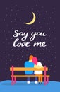 Romantic silhouette of loving couple sit on bench under night sky. Say you love me hand drawn typography lettering Royalty Free Stock Photo