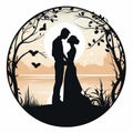 Romantic Silhouettes Of A Married Couple With Butterflies In Evening