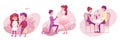 Romantic situations of cute couples set, marriage proposal and love date, stroll in park Royalty Free Stock Photo