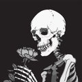 Romantic skeleton sniffing flower. Abstract black and white illustration