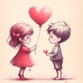 Romantic sketch of a young couple holding a eart balloon and a small gift Royalty Free Stock Photo