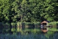 A romantic small pond with boat house, reed and forest