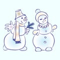 Romantic snowmen couple. Snowman courting his girl