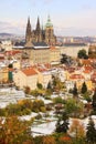 Romantic snowy colorful autumn Prague gothic Castle, Czech Republic Royalty Free Stock Photo