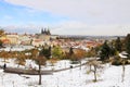 Romantic snowy colorful autumn Prague with gothic Castle Royalty Free Stock Photo