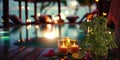 night Luxury resort poool glasses of wine and candles with tropic roses flowers spa relaxing background Royalty Free Stock Photo