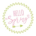 Romantic spring flower wreath text hello Spring. Vector illustration