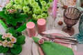 Romantic spring table setting for two with wine glasses, candles and flowers Royalty Free Stock Photo