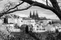 Romantic spring view of Prague Castle and surrounding historical center panorama on a cloudy day. Black and white photo Royalty Free Stock Photo