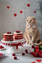 Romantic St. Valentines Day. Cute cat with bow tie sitting near cakes in heart shape. Red velvet cake. Bakery, confectionery,