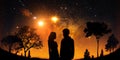 romantic starry night Trees silhouettes and couple watch on moon universe cosmic background and Royalty Free Stock Photo