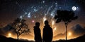 romantic starry night Trees silhouettes and couple watch on moon universe cosmic background and Royalty Free Stock Photo